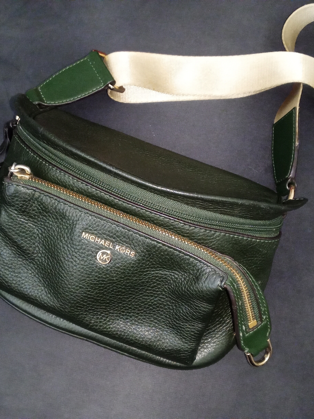 Michael Kors Dark Green Pebbled Leather Crossbody Belt Bag with Cream Strap